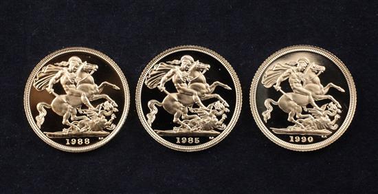 Three gold proof full sovereigns, 1985, 1988 & 1990,